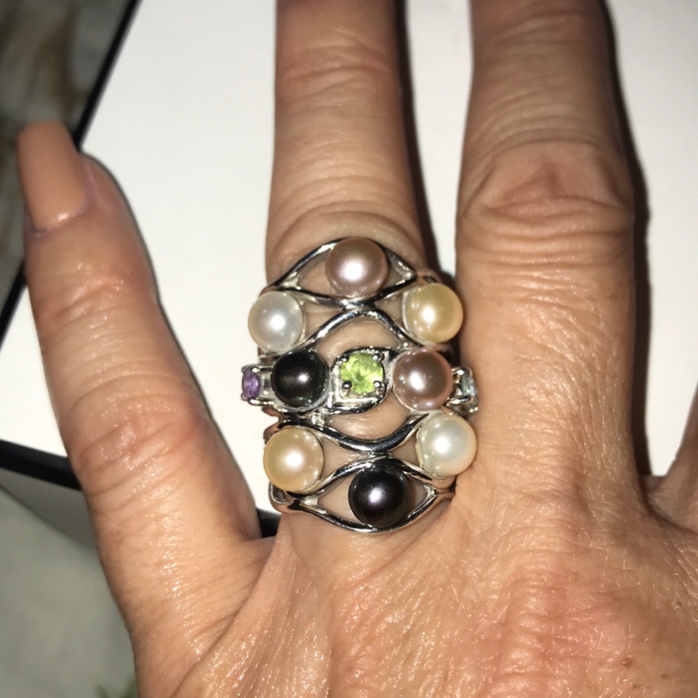 Multicolor Pearl and Gemstone Sterling Silver Statement Ring